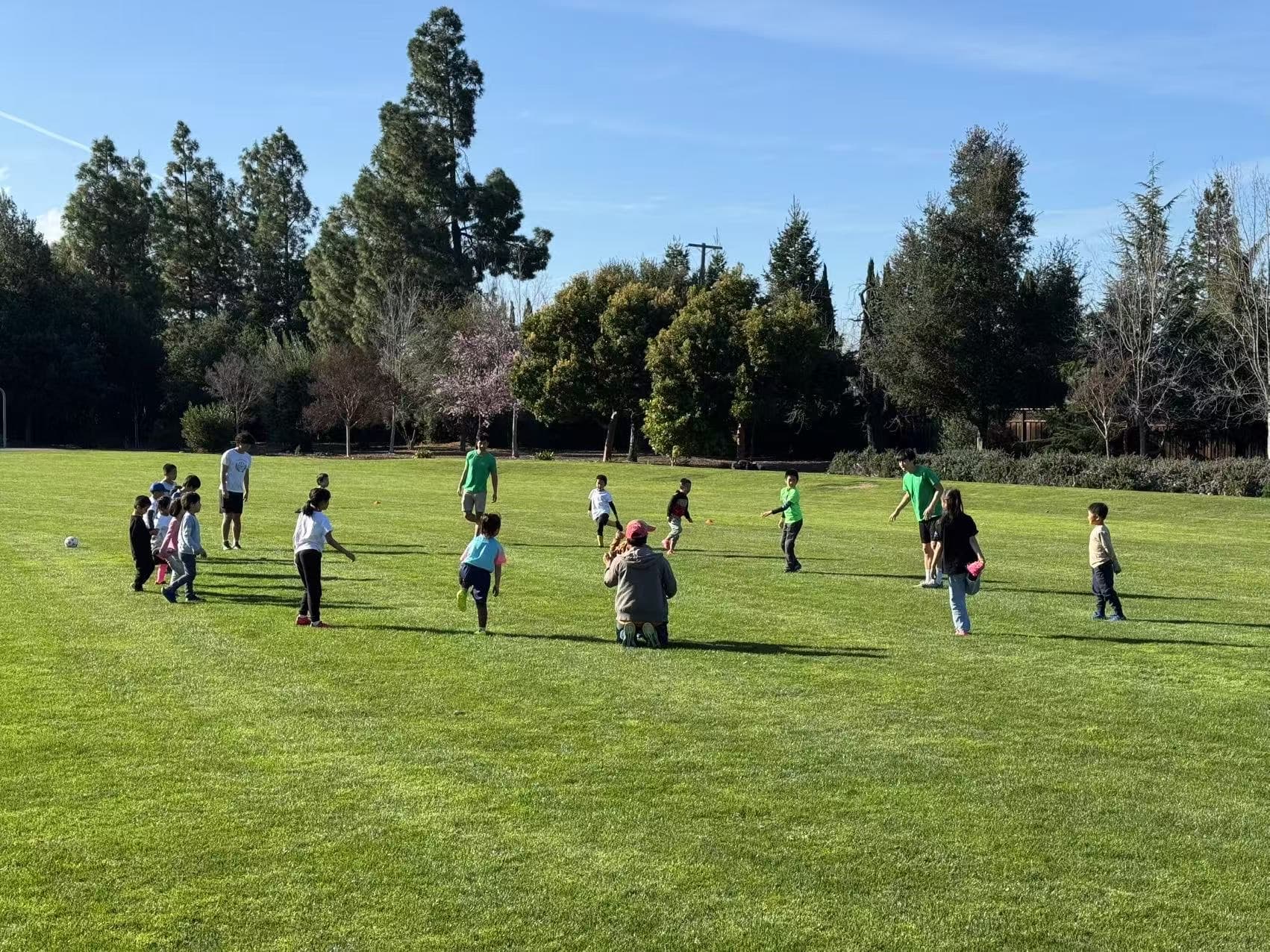 A Little Grass session on a sunny field: coaches in green shirts and a dozen young kids spread out across the grass, one chasing the ball